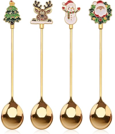 Theelepels - 4 lepels - Kerstservies - Zilveren dessertlepels - Versierd met kerstbomen, rendieren, sneeuwmannen en de kerstman-Geschikt voor desserts, thee en soep