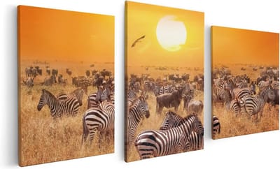 Artaza Canvas Schilderij Drieluik Kudde Zebra's Bij Een Oranje Zonsondergang - 120x60 - Foto Op Canvas - Canvas Print