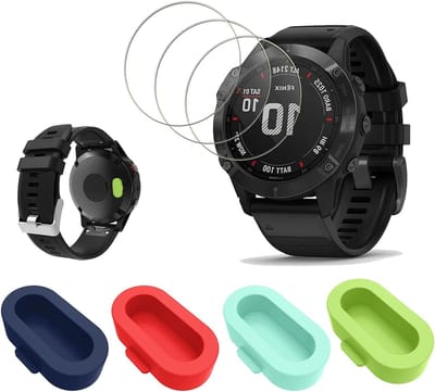 Set van 4 Beschermfolies voor Smartwatch + 4 Siliconen Stofbeschermers voor Fenix 7 Pro Solar - Schermbescherming en Oplaadpoort Bescherming