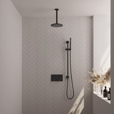 Brauer Black Edition thermostatische inbouw regendouche met drukknoppen SET 65 met 20 cm douchekop en plafondarm en staaf handdouche en doucheslang en geïntegreerde glijstang mat zwart
