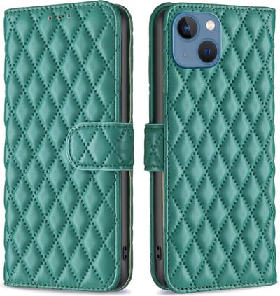 BINFEN Hoesje - Geschikt voor iPhone 13 Hoesje - BINFEN Rhombus Book Case - Groen
