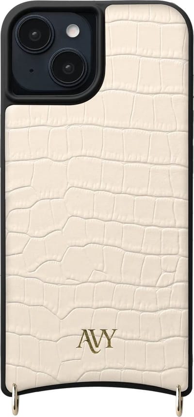 AVY Leren Hoesje geschikt voor Apple iPhone 14 / 13 | Compatibel met MagSafe | Leather Case | Back Cover | Haakjes voor koord | Croco Beige