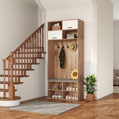 HAUSS SPOLE Garderobeset - Halmeubel Met Zitbank, 5 Haken, 2 Deuren En 4 Open Vakjes - Gestoffeerde Zitkussen En RGB-Led - Spaanplaat - 80x185x35 Cm - Naturel/Wit