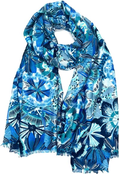 Lange dames sjaal Andrea fantasiemotief blauw wit goud mos groen licht sharon blauw licht blauw grijs donker amazon groen