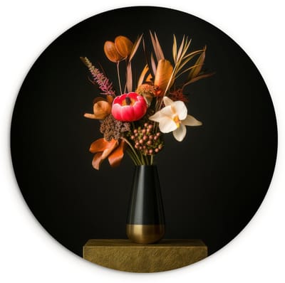 WallCircle® Wandcirkel 120x120 cm - Muurcirkel Boeket - Oranje - Gouden - vaas - Muurdecoratie woonkamer - Wanddecoratie slaapkamer - Kamer decoratie accessoires - Ronde schilderijen XXL