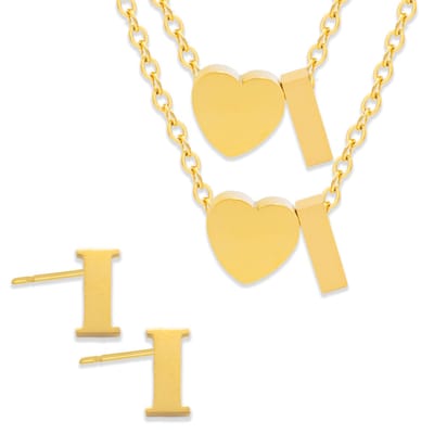 Initiaal Ketting & Armband & Oorbellen set met Letter I Goudkleurig - Stainless Steel - Met letter & Hartje! - 3x Sieraden Cadeau - Pax Amare