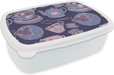 Broodtrommel Wit - Lunchbox - Brooddoos - Patroon - Thee - Kop - Theepot - 18x12x6 cm - Volwassenen