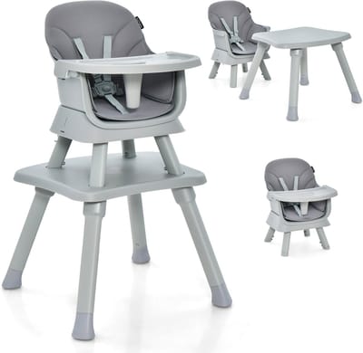 COSTWAY 6-in-1 babystoel, kinderstoel, eetstoel, leertafel, bouwsteentafel, kinderzitgroep, kinderstoel met veiligheidsgordel en afneembaar dienblad, babystoel, combikinderstoel, grijs