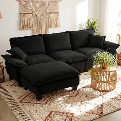 FloraGrace Hoekbank 4-Zits 263 x 151 x 90 cm - Modulaire L-Vorm Met Verplaatsbare Ottomane En 2 Kussens - Chenille - Woonkamer - Zwart