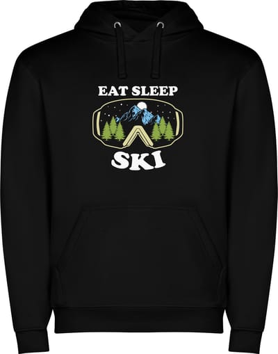 Zwarte unisex hoodie met “ Kleurrijke Eat Sleep SKI – Wintersport – Sneeuw “ Print Full Color Color merk Roly maat S