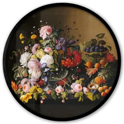 Poster in lijst Rond - Fotolijst 40x40 cm - Posters - Stilleven met bloemen en fruit - Kunstwerk - Oude meesters - Ronde posterlijst zwart - Decoratie - Wanddecoratie woonkamer - Muurdecoratie slaapkamer