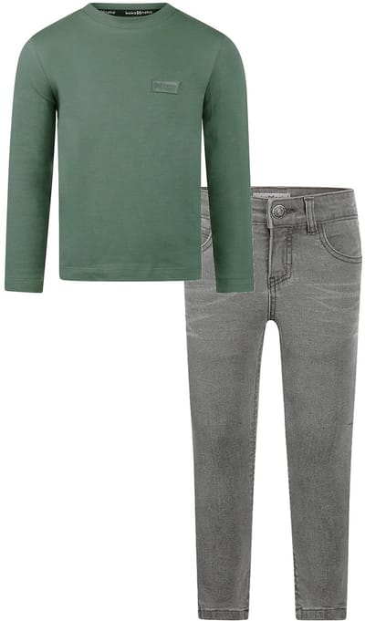 Koko Noko - Kledingset - Basic Collection - Bio Cotton - Grijze jeans - Shirt LS Dark Green - Maat 92