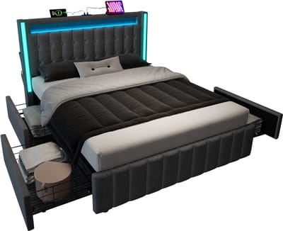 Jongerenbed met USB-C lader, ledverlichting en 4 lades - 140x200 cm - Grijs (zonder matras)