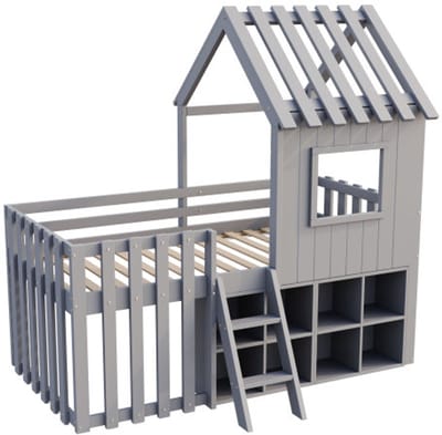 Kinderhuisbed Halfhoogslaper 90x200cm, met dak en raam, met open opbergruimte, met klimladder, zonder matras, grijs