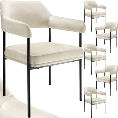 tectake® Eetkamerstoel met Armleuning - Set van 6 Eetkamerstoelen - Fluweelzachte stof - Open Rugleuning - Gestoffeerd met Stalen Poten - Stoelen voor Eetkamer - Gebroken Wit