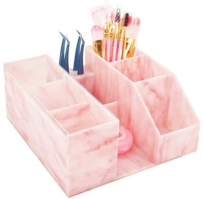 Dailygoods- Wimper Opbergdoos Waterdicht - Make-up Organizer - Cosmetische Organizer - Acryl/Marmer - Drie Vakken - Inclusief Pincet Opberggat