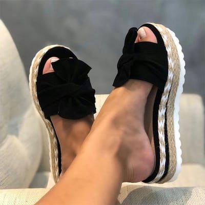 Pantoufles Femme Slides Nœud Sandales d'Été Nœud -Nœud Pantoufles Semelles Épaisses Plateforme Plate Féminine Florale Chaussures de Plage Tongs 35 noir