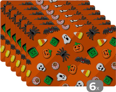Placemat - Placemats kunststof - Snoep - Halloween - Patronen - 45x30 cm - 6 stuks - Hittebestendig - Anti-Slip - Onderlegger - Afneembaar