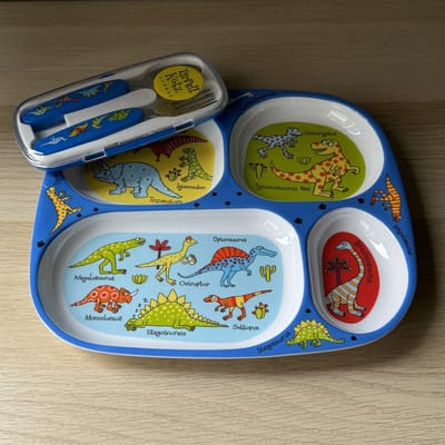 Dino Dinosaurus kinder servies set melamine (vakjesbord met bestek) - Tyrrell Katz