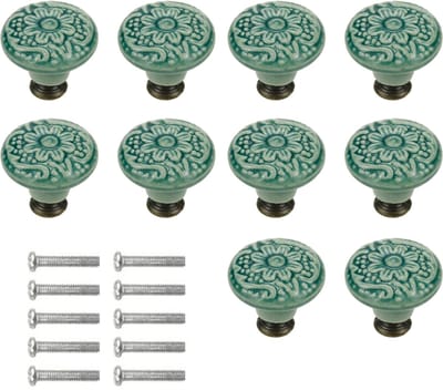 Meubelknoppen Set Groen Keramiek Rond met Bloem - 10x Kastknop met schroef - Vintage/Antiek handgreep voor deur en lade