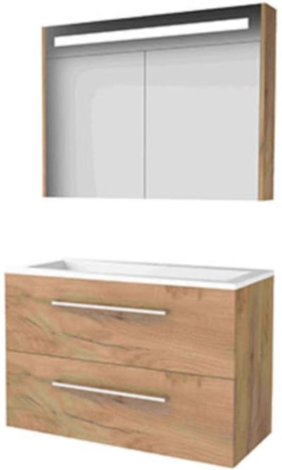 Basic-Line Premium 46 Badkamermeubelset - 100 x 46 cm - Met Grepen - 2 Lades - Acryl Wastafel - 1 Kraangat - Spiegelkast met LED Verlichting - Whisky Oak