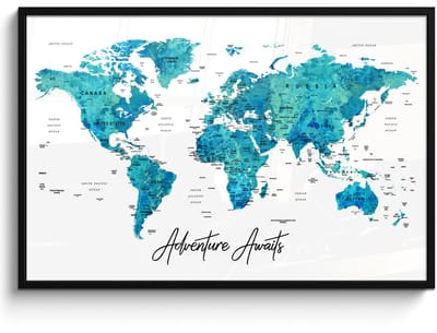 Poster in lijst - Fotolijst 120x80 cm - Posters - Wereldkaart - Blauw - Kleurrijk - Posterlijst zwart - Decoratie - Wanddecoratie woonkamer - Muurdecoratie slaapkamer