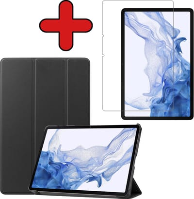 Hoesje - Geschikt voor Samsung Galaxy Tab S8 - Met Screenprotector - Hardcover Book Case - Trifold Bookcase Hoes - Hard Cover - Tablethoes - Zwart