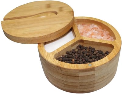 Kruidenpot - Kruidendoos - Bamboe Zout- en Peperdoos - 3 Compartimenten Zout- en Peperdoos - Met Deksel en Lepel - Kruidencontainer voor op het Aanrecht - Bamboe - 12×12×6cm