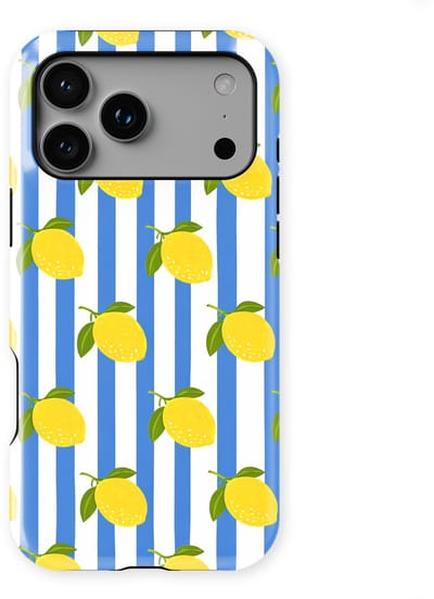 DripCase Hoesje geschikt voor iPhone 17 Pro | Happy Stripes Motief | Magnetisch Opladen | 2-in-1 Ontwerp | Vrolijke Backcover geschikt voor iPhone 17 Pro Limoncello Blue