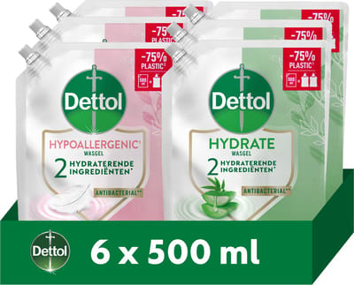 Dettol Navulling Handzeep 3 liter - Hypoallergenic (Sensitive) 500ml x3 - Aloë Vera & Bamboe (Hydrate) 500ml x3 - Voordeelverpakking