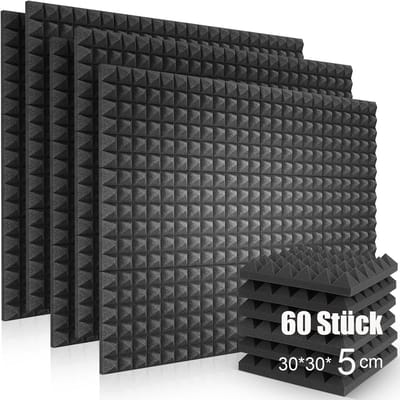 Famanu – Akoestische schuimmatten set van 60 stuks, geluidsisolatie tegels van 30 x 30 x 5 cm voor wandstudio, podcasts en opnamestudio's