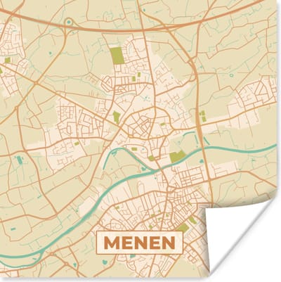 Poster Plattegrond - Kaart - België - Vintage - Menen - Stadskaart - 100x100 cm XXL