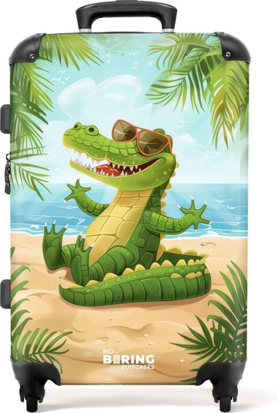 NoBoringSuitcases.com® - Kinderkoffer groot - Kindertrolley koffer - Krokodil met zonnebril ontspant op het strand - Rolkoffer lichtgewicht - Reiskoffer met 4 wielen - Grote trolley XL - 20 kg bagage