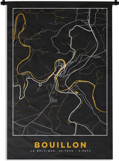 Wandkleed - Wanddoek - Bouillon - Black en gold - Stadskaart - Plattegrond - Kaart - 120x180 cm - Wandtapijt