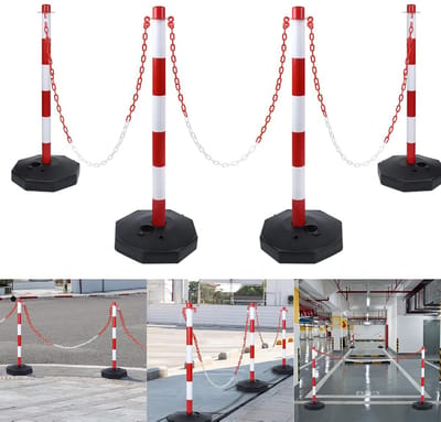 Set van 4 Afzetpalen met Ketting - Vulbaar Kunststof Verkeerspaal Rood/Wit