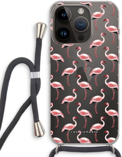 Case Company® - Hoesje met koord geschikt voor iPhone 14 Pro hoesje met Koord - Flamingo - Telefoonhoesje met Zwart Koord - Bescherming aan alle Kanten en Over de Schermrand