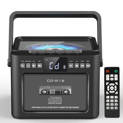 Draagbare CD-Cassette Speler - Retro Stijl - Boombox met 5000mAh Accu - Dubbele Stereo Luidsprekers - FM Radio - Met Afstandsbediening - USB/TF Kaart/AUX - Cassette Recorder - Voor Thuis, Reizen, Buiten, Huisentertainment