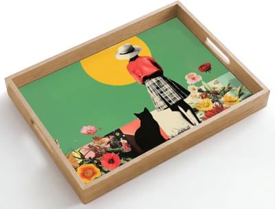 Dienblad hout 50x35 cm - Schootdienblad - Retro - Meisje - Kat - Zon - Borrelplank rechthoek - Plateau dienbladen