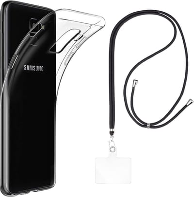 Set met hoesje en nekband voor Samsung Galaxy j6 2018 - Flexibele, transparante TPU-bescherming, verstelbare universele nekband voor mobiele telefoons, zwarte nekband, transparante draagriem van Phonillico®