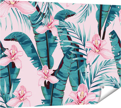 Gards Tuinposter Tropische Roze Zomer Bloemen met Bladeren - 120x90 cm - Tuindoek - Tuindecoratie - Wanddecoratie buiten - Tuinschilderij