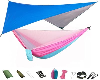 Hangmat met net - Schommel tent - Buiten ontspannen - Inclusief regenhoes - Lichtgewicht - Blauw roze