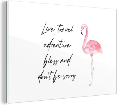 MuchoWow® Glasschilderij 120x80 cm - Schilderij acrylglas - Spreuken - Quotes - Live, travel, adventure, bless and don't be sorry - Flamingo - Foto op glas - Schilderijen