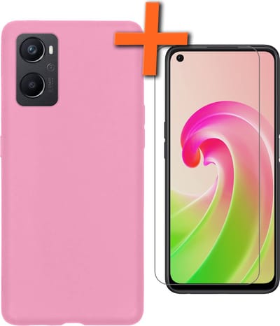 Hoes - Met Screenprotector - Geschikt voor OPPO A76 - Sterk & Shockproof - Back Cover - Siliconen Case - Telefoon Hoes - Lichtroze