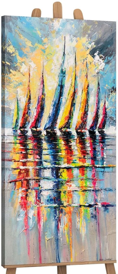 Canvas schilderij panoramisch 115x50 handgeschilderd kleurrijke zeilen maritiem – YS-Art Gallery – Vrolijke wanddecoratie voor woonkamer – Modern schilderij voor hal