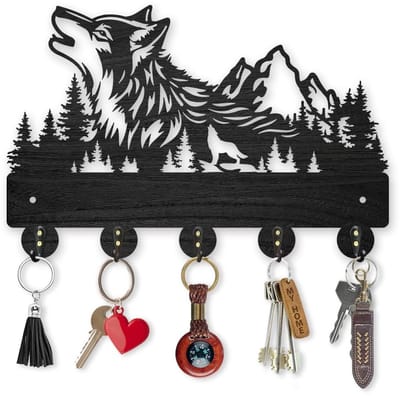 Dailygoods- Sleutelhaak Wandmontage - Houten Bos Wolf - 5 Haken - 30 x 20 cm - Eenvoudige Installatie - Decoratieve Kunst - Kapstok