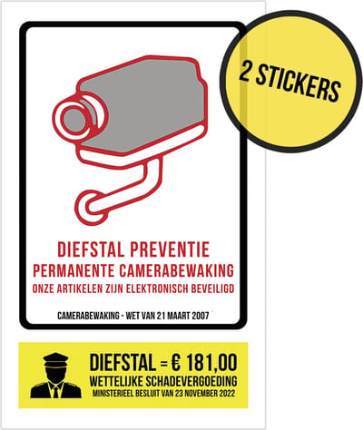 Pictogram/ stickers (2x) | Camerabewaking Wetgeving maart 2007 + Diefstal preventie | 19 x 32 cm | Onze artikelen zijn beveiligd | Winkeldiefstal | Dieven afschrikken | Diefstal | Politie | GAS-boete | Wettelijke schadevergoeding 181 euro | 2 stuks