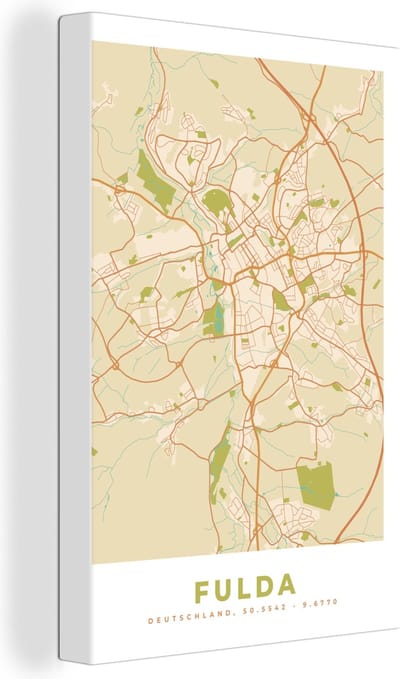 Canvas Schilderij Plattegrond - Fulda - Vintage - Kaart - Stadskaart - 20x30 cm - Wanddecoratie