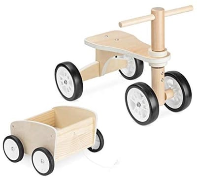 Navaris wooden balance bike with trailer - Toddler bike made of wood with 4 wheels - From 18 months - For boys and girls