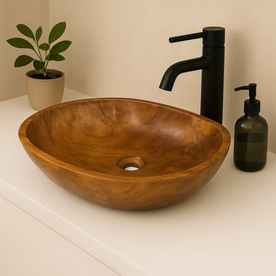Lendo Online Wastafel ovaal 60x40x12 cm Teakhout - Houten wasbak voor badkamer of toilet - spoelbak - waskom - unieke vormen en houtnerven