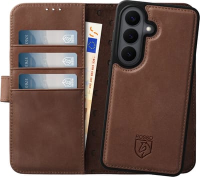 Rosso Elite Hoesje Geschikt voor Samsung Galaxy S26 Plus | Compatibel met MagSafe / Qi2 | Book Case en Back Cover | Magnetisch Uitneembaar | Echt Leer Beschermhoes met Pasjeshouder | Bruin